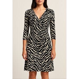 Laundry by Shelli Segal Zebra 3/4‑Sleeve Faux Wrap Dress Size 10 Black & White